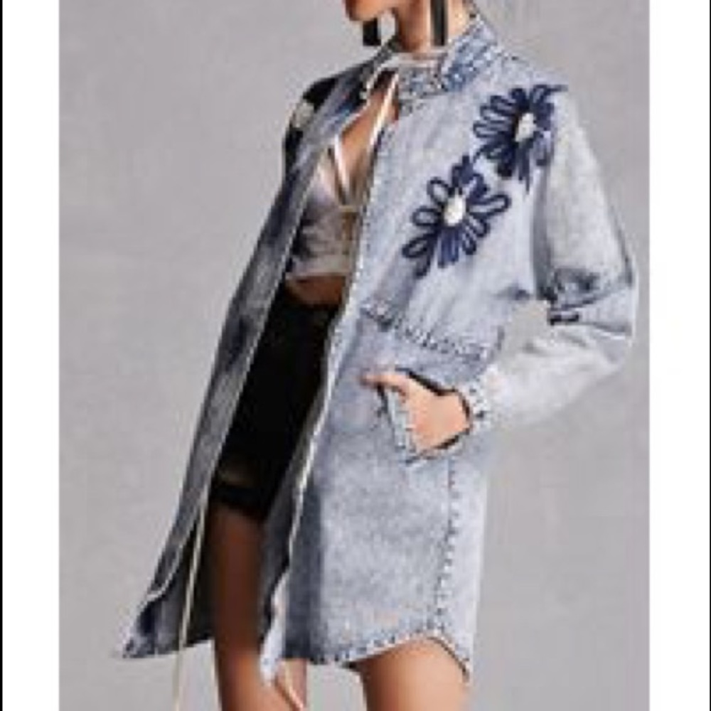 Forever 21 Embroidered Long Denim Jacket -All Size
